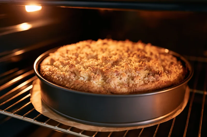 Golden crumble cake baking in oven on metal rack
