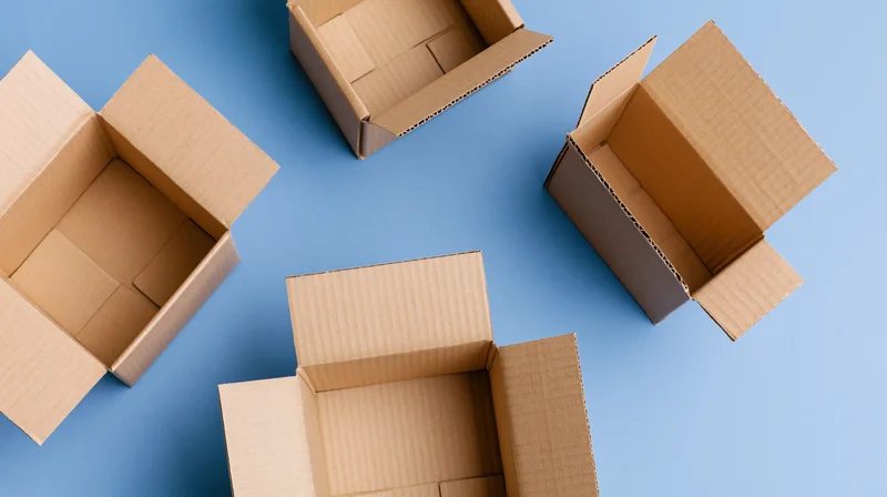 Four open cardboard boxes arranged on a blue surface viewed from above