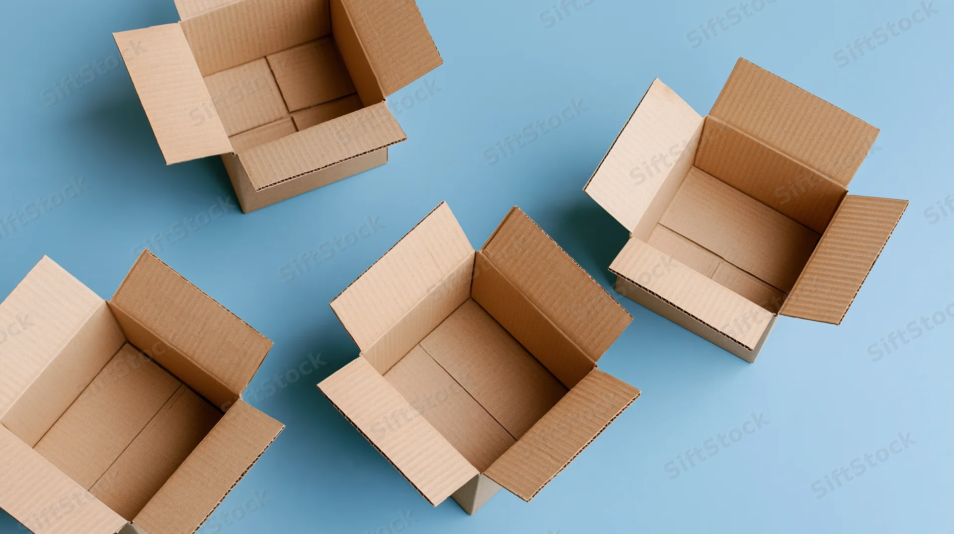 Four open cardboard boxes arranged on a blue surface in a flat lay top view