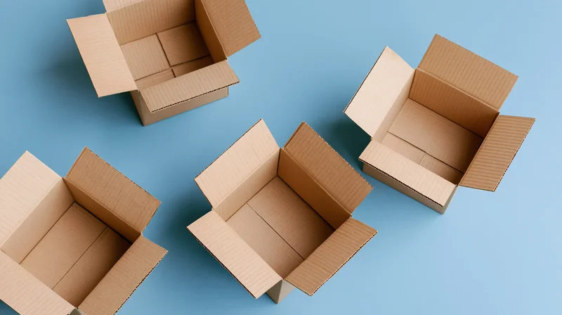 Four open cardboard boxes arranged on a blue surface in a flat lay top view