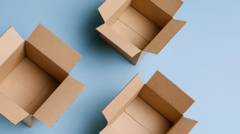 Three open cardboard boxes arranged on a blue surface in a flat lay top view