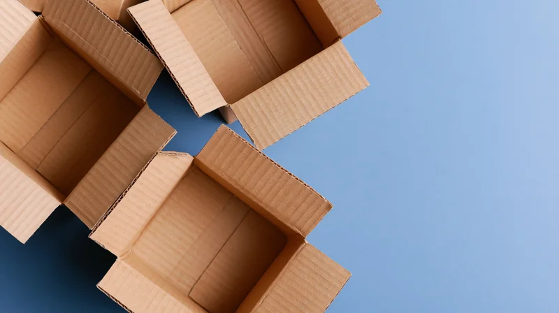 Open cardboard boxes arranged on blue surface with copyspace