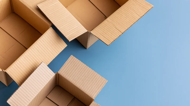 Open cardboard boxes arranged in a flat lay on a blue surface