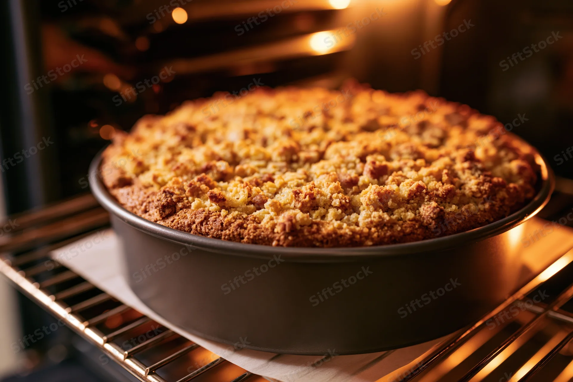 Golden-brown crumble-topped pie baking in an oven on a metal rack