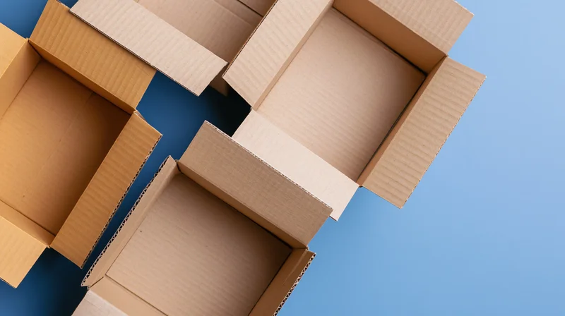 Open cardboard boxes arranged on a blue surface viewed from above