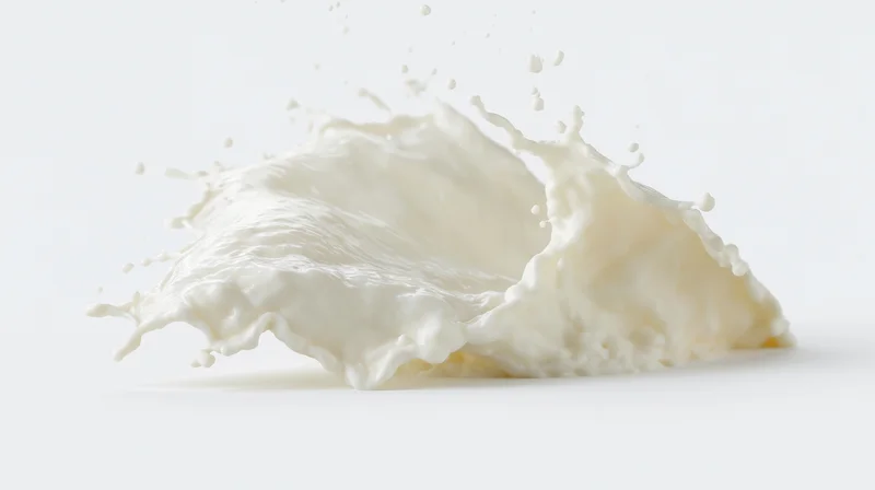Milk splash captured mid-air against a white background