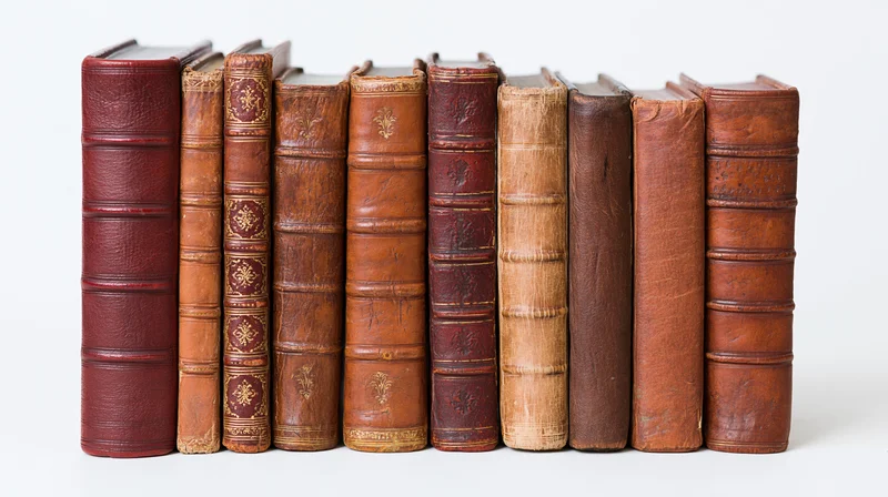 Row of vintage leather-bound books standing upright on white background