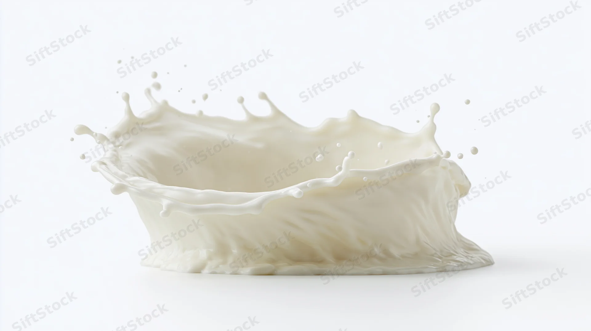 Milk splash captured in mid-air against white background