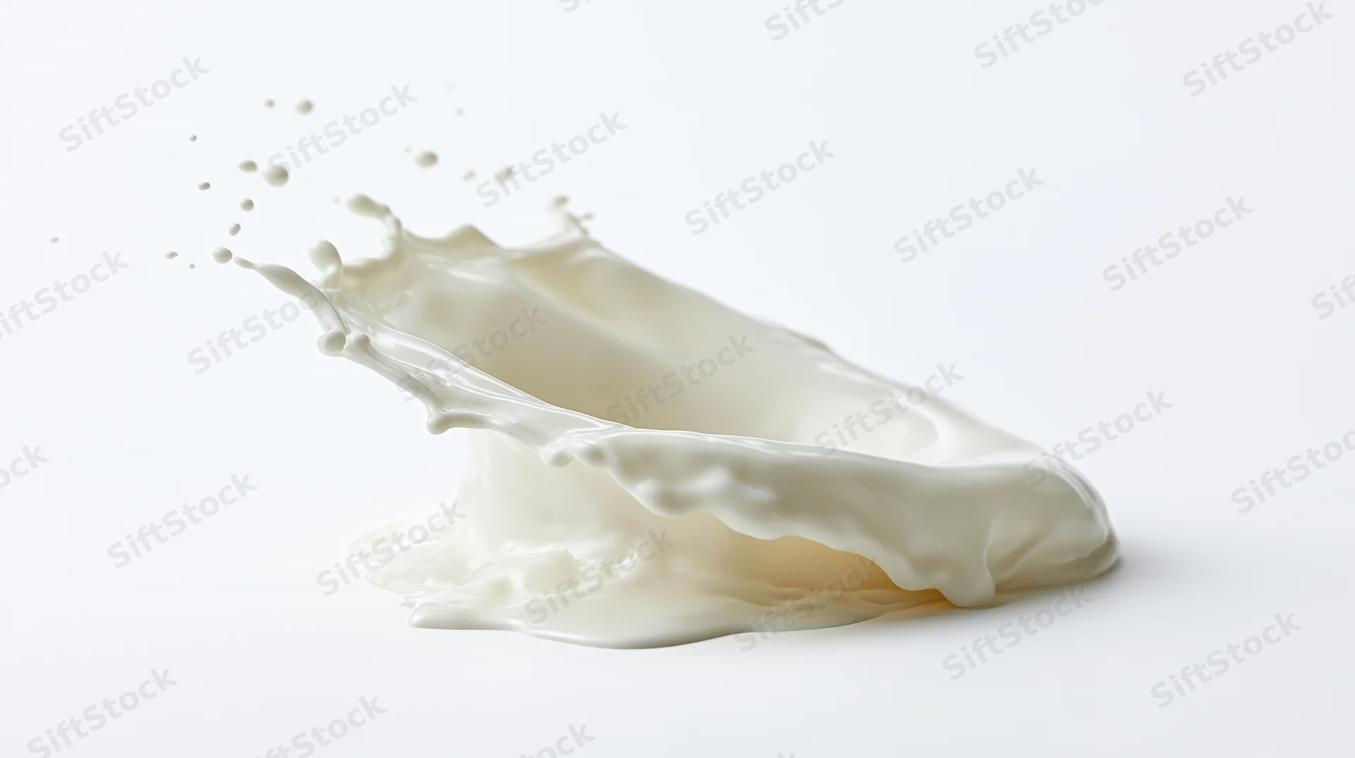 Milk splashing in mid-air against a white background