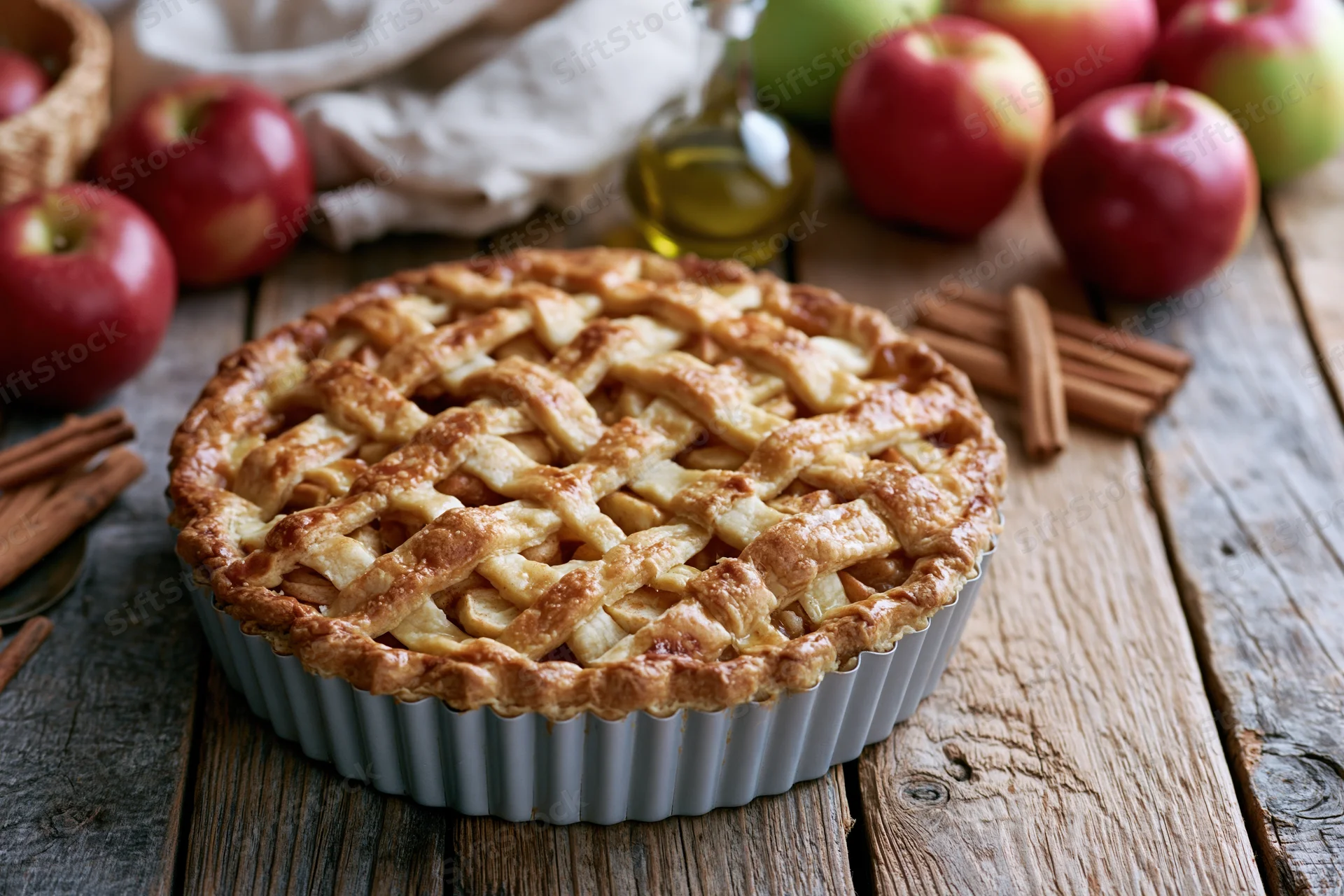 Golden lattice-topped apple pie in a fluted metal dish on a rustic wooden table surrounded by apples and cinnamon sticks