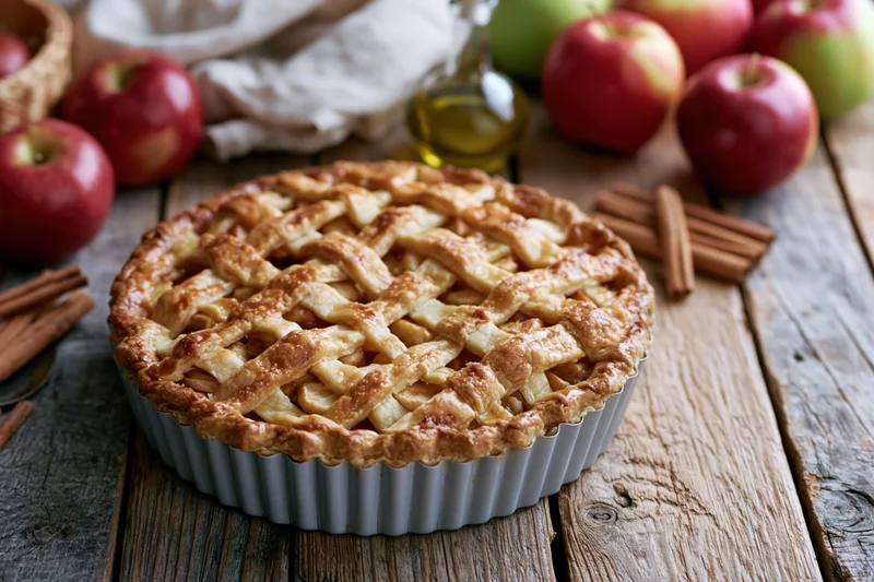 Golden lattice-topped apple pie in a fluted metal dish on a rustic wooden table surrounded by apples and cinnamon sticks