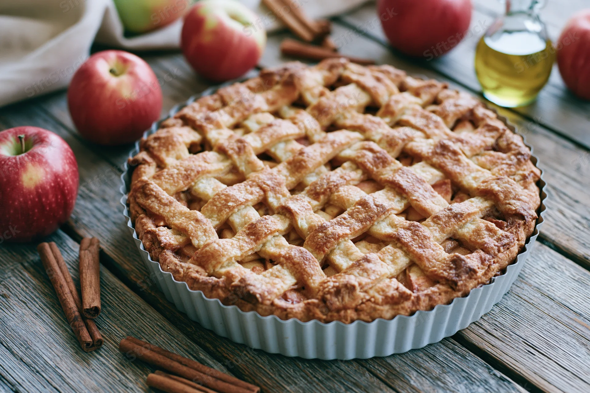Freshly baked apple pie with lattice crust on wooden table surrounded by apples and cinnamon sticks