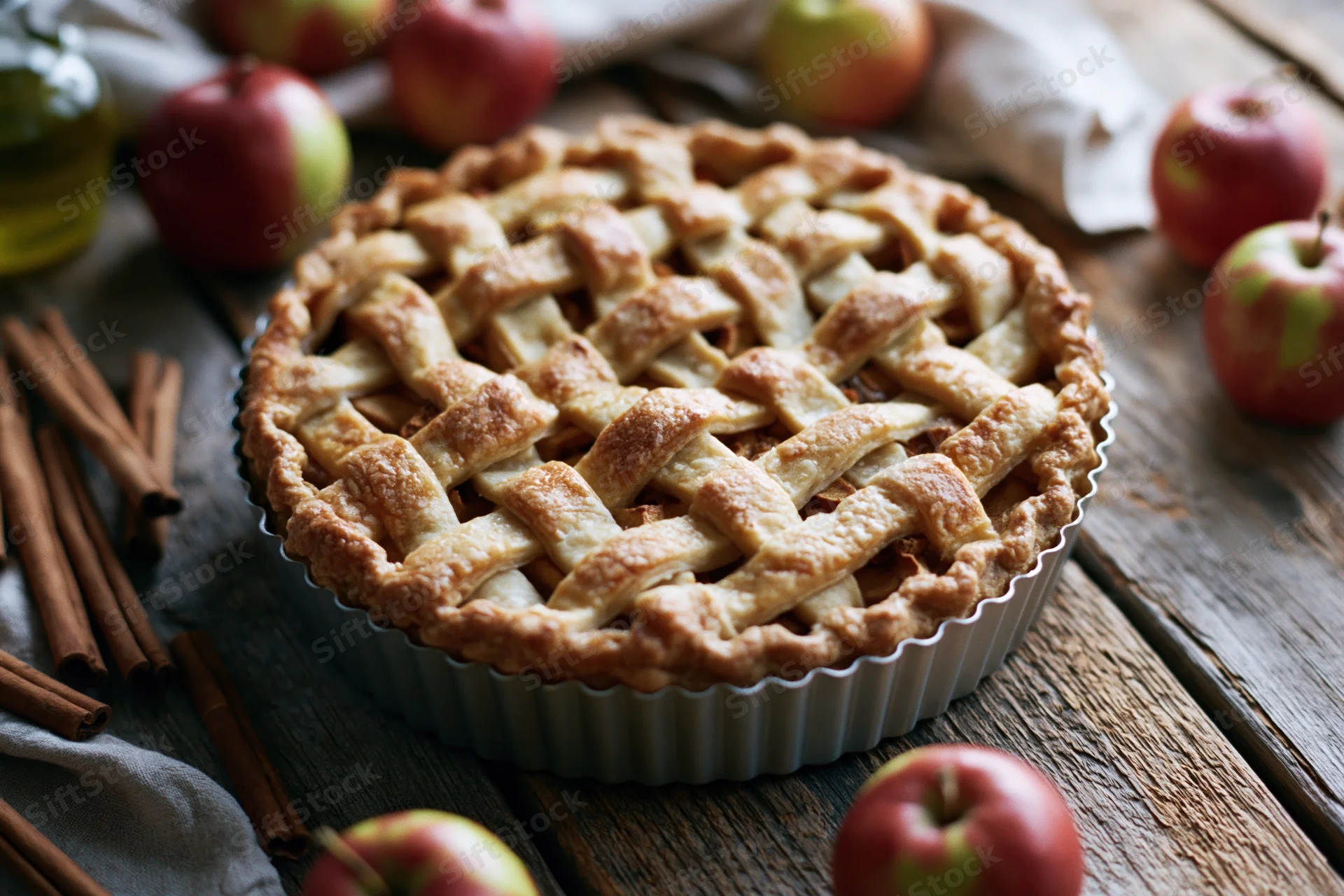 Baked apple pie with lattice crust on wooden table surrounded by apples and cinnamon sticks