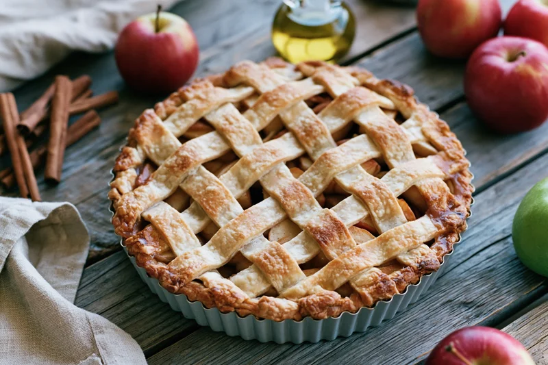Golden lattice-topped apple pie on a rustic wooden table surrounded by apples and cinnamon sticks
