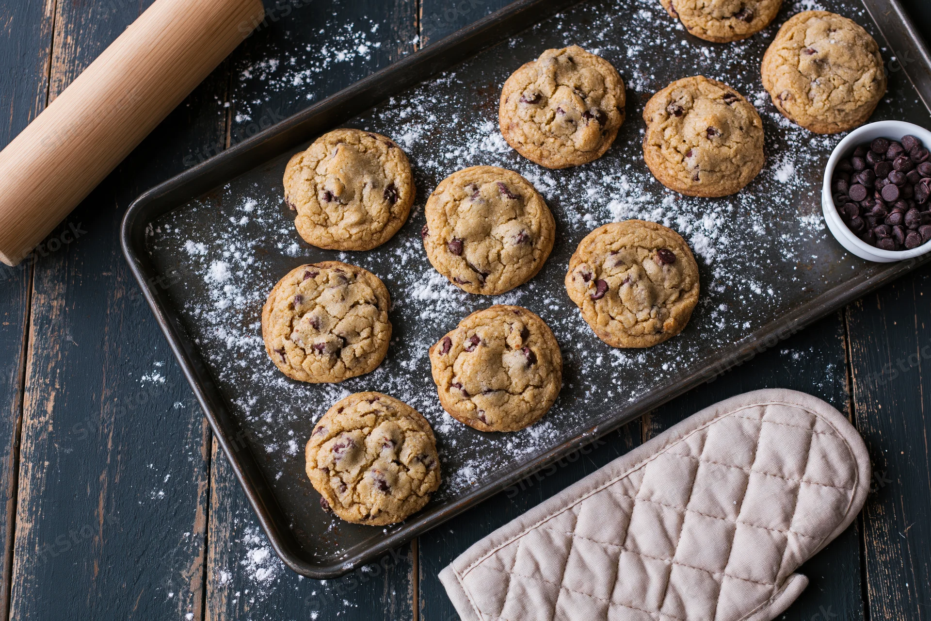 Chocolate chip cookies on a baking tray with powdered sugar, rolling pin and oven mitt on dark wooden surface