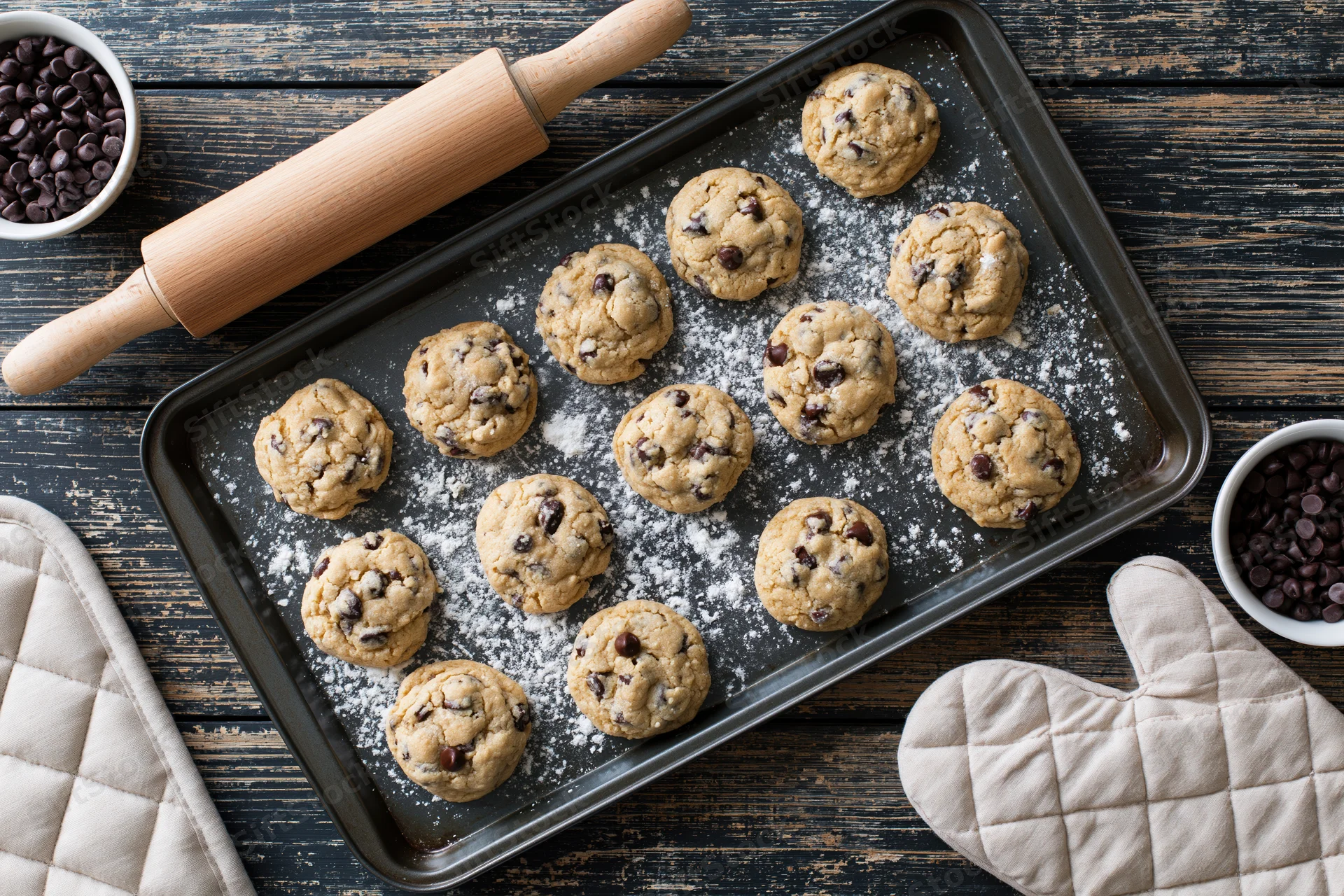 Chocolate chip cookies on a baking tray with rolling pin and oven mitts on a dark wooden surface