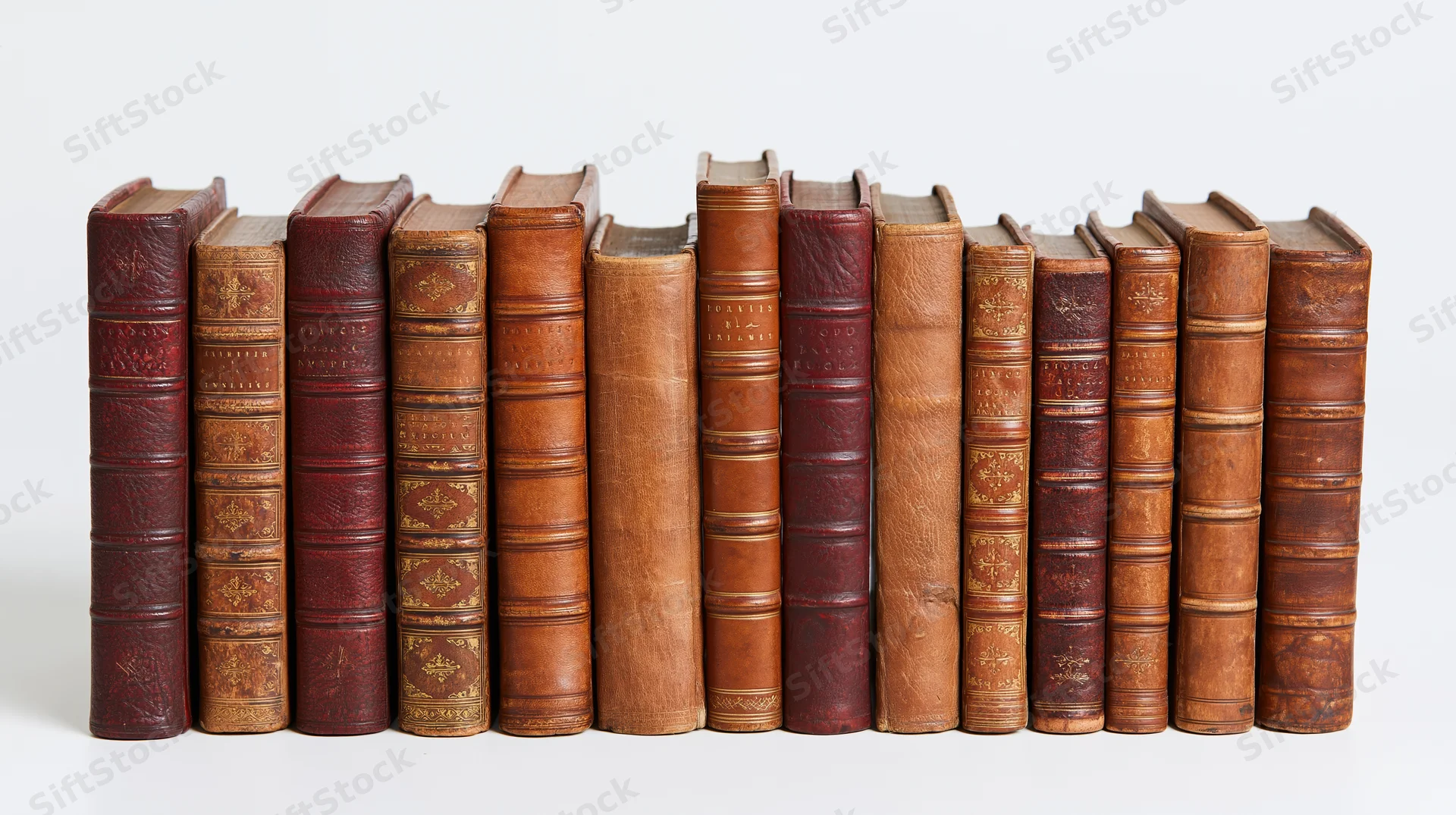 Row of vintage leather-bound books standing upright on white surface
