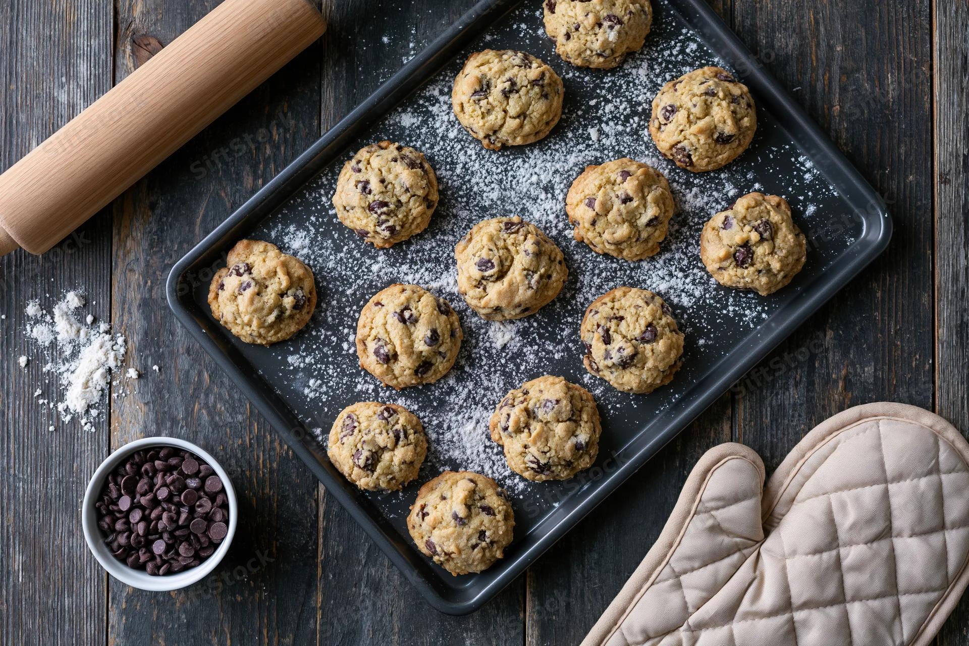 Chocolate chip cookies on a baking tray with oven mitt and rolling pin on dark wooden surface