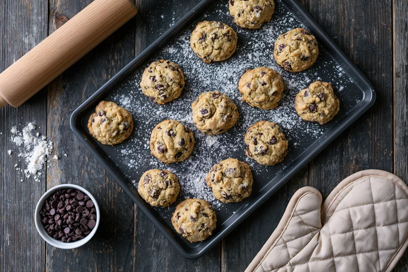 Chocolate chip cookies on a baking tray with oven mitt and rolling pin on dark wooden surface