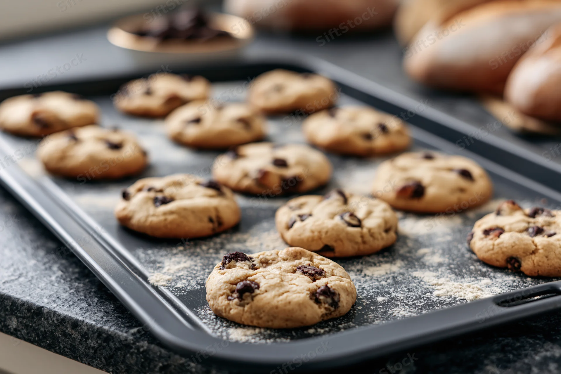 Chocolate chip cookies on a baking tray on a kitchen countertop