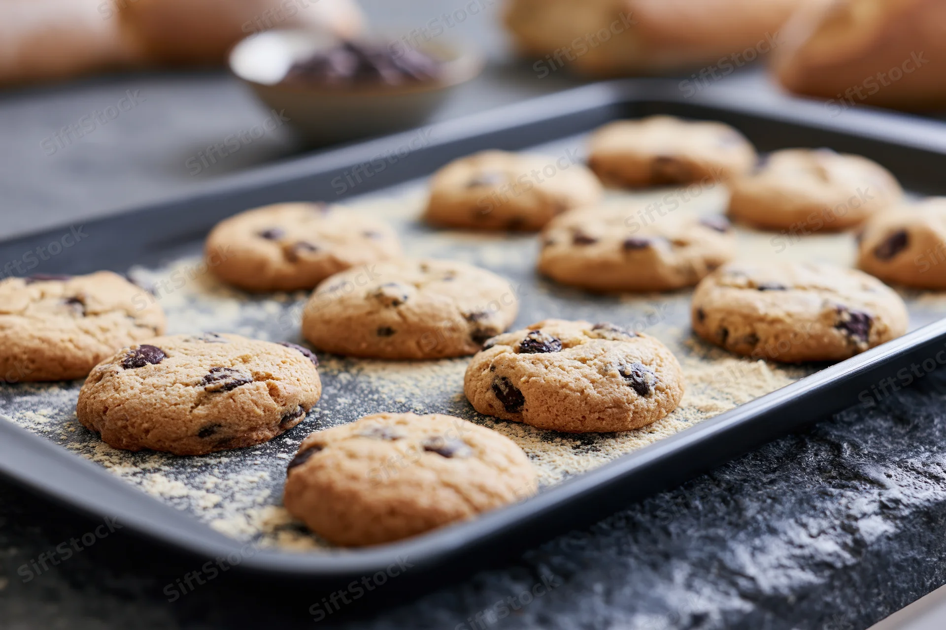 Chocolate chip cookies baked on a tray on a dark countertop