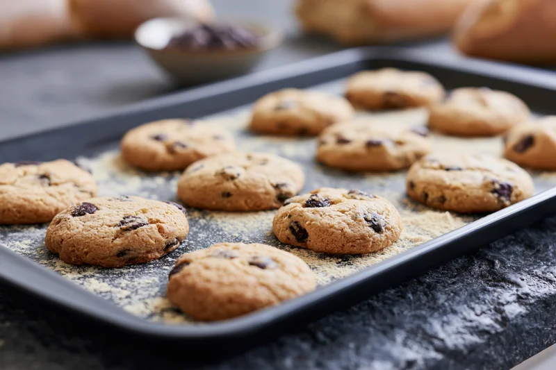 Chocolate chip cookies baked on a tray on a dark countertop