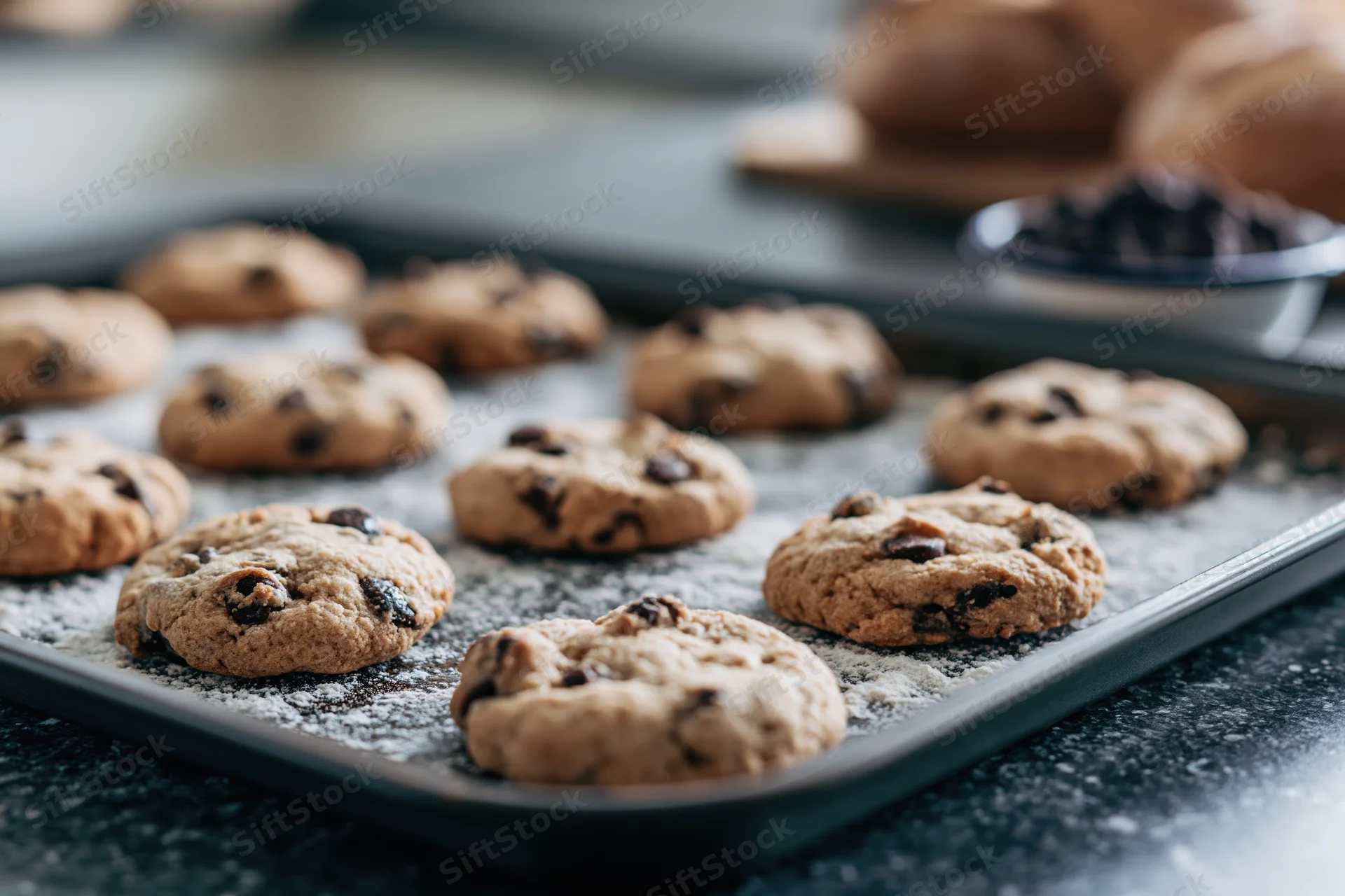 Chocolate chip cookies freshly baked on a tray lined with parchment paper in a kitchen setting