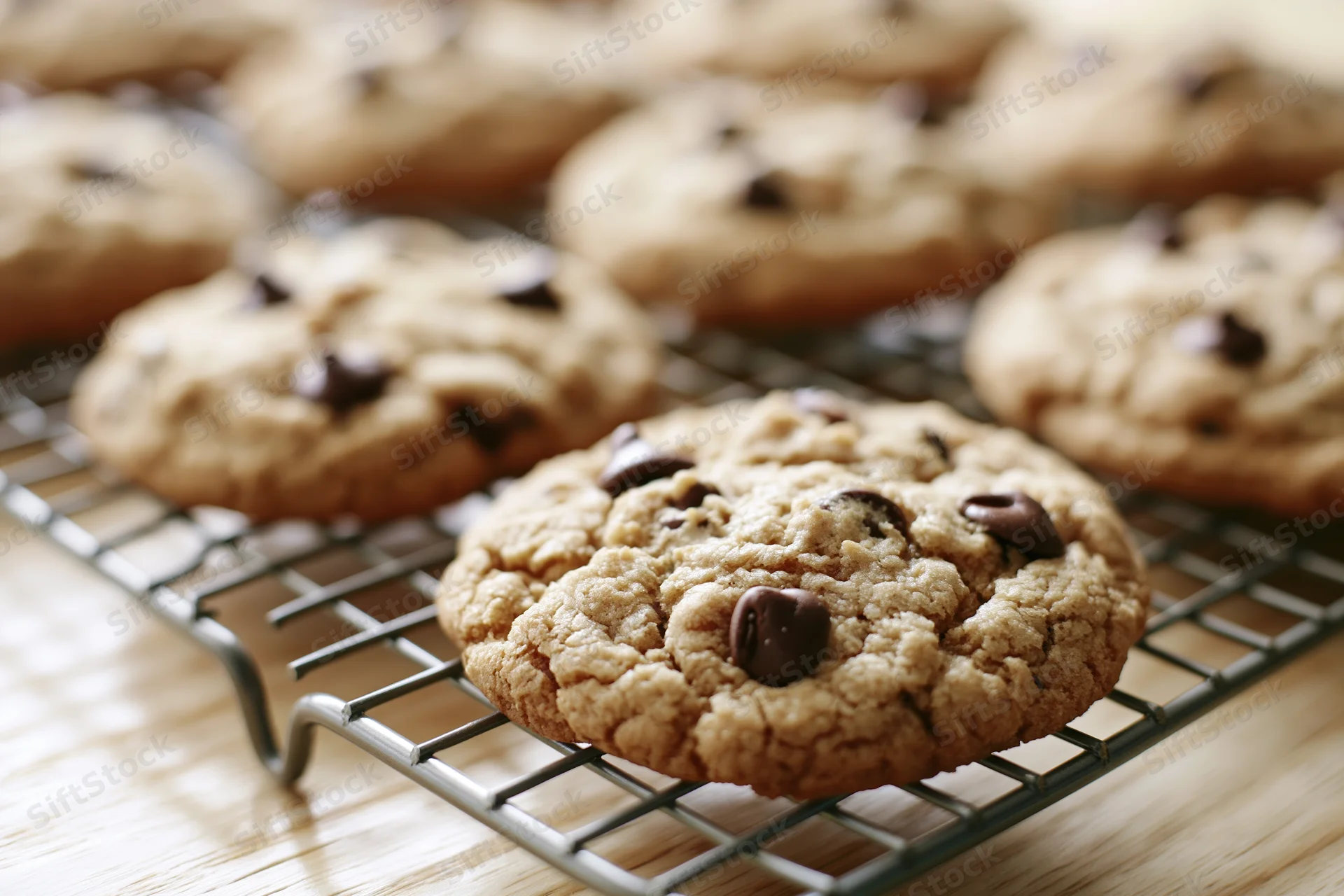 Chocolate chip cookies cooling on a wire rack on a wooden countertop