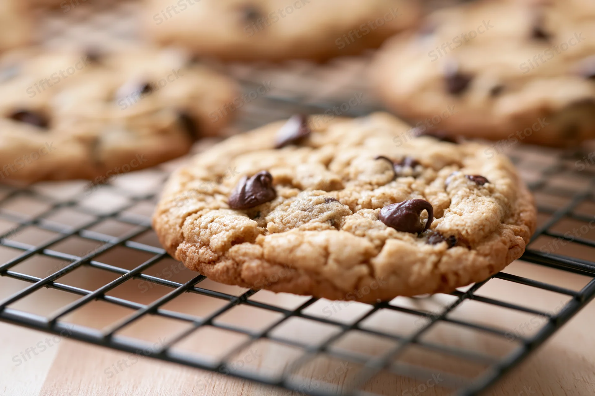 Chocolate chip cookies cooling on a wire rack in a kitchen