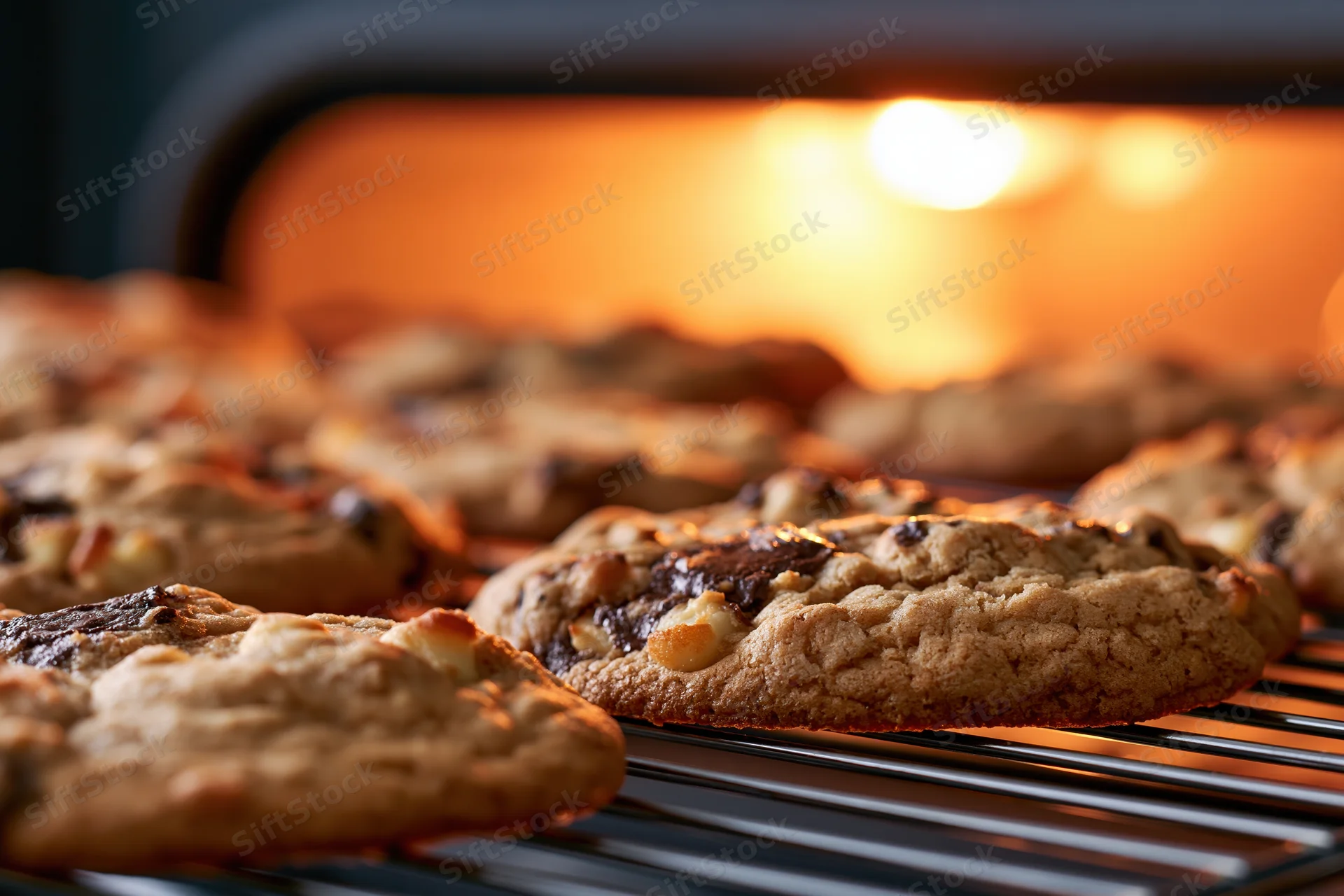 Freshly baked chocolate chip cookies cooling on a wire rack in front of a glowing oven