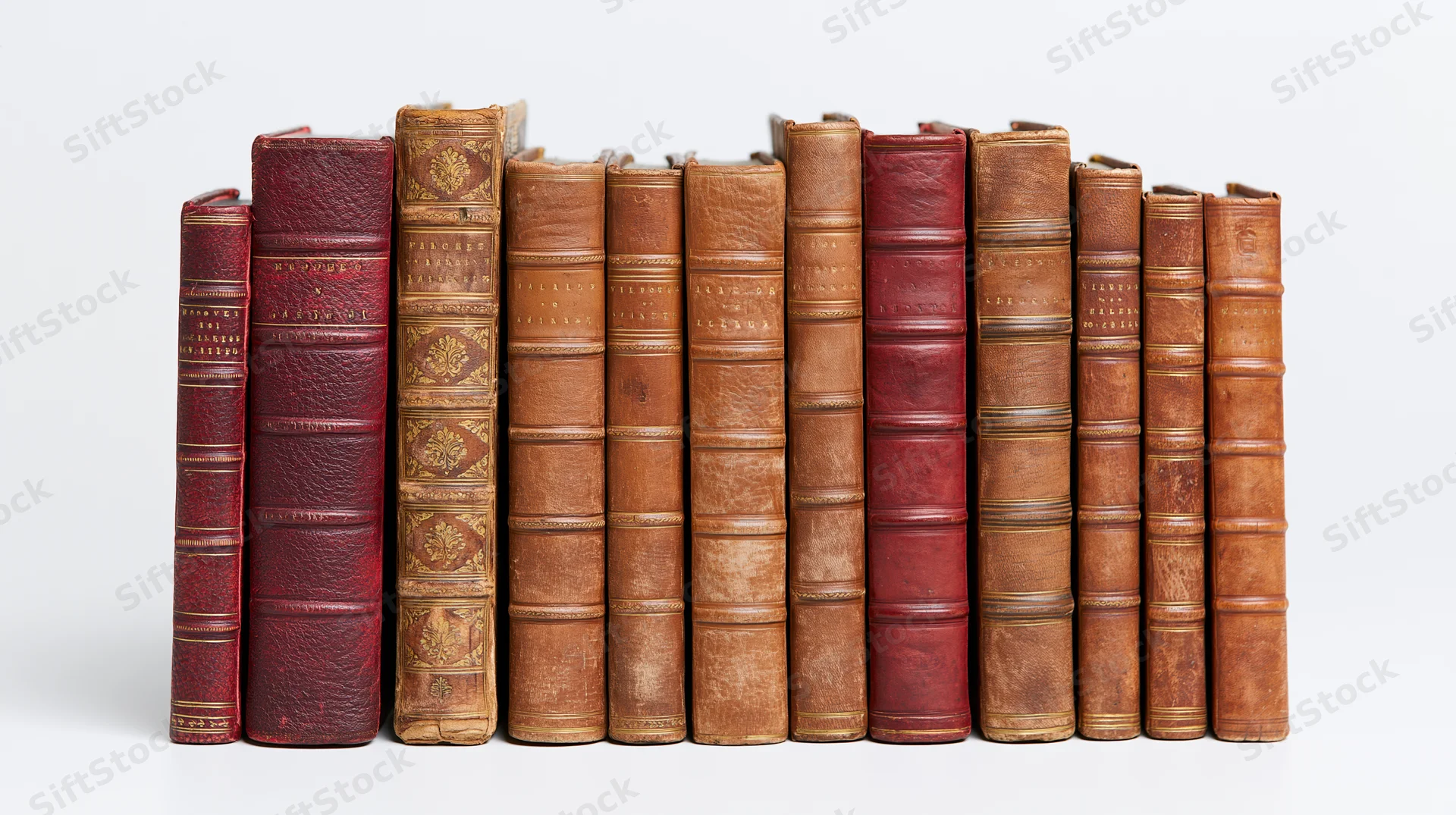 Row of vintage leather-bound books standing upright on white background