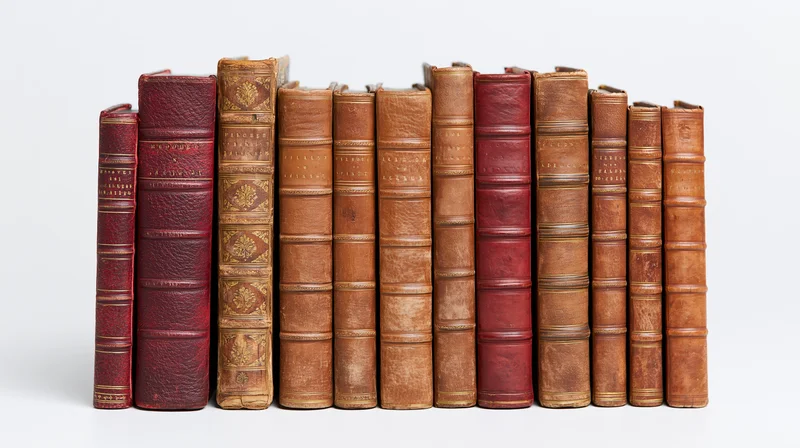 Row of vintage leather-bound books standing upright on white background