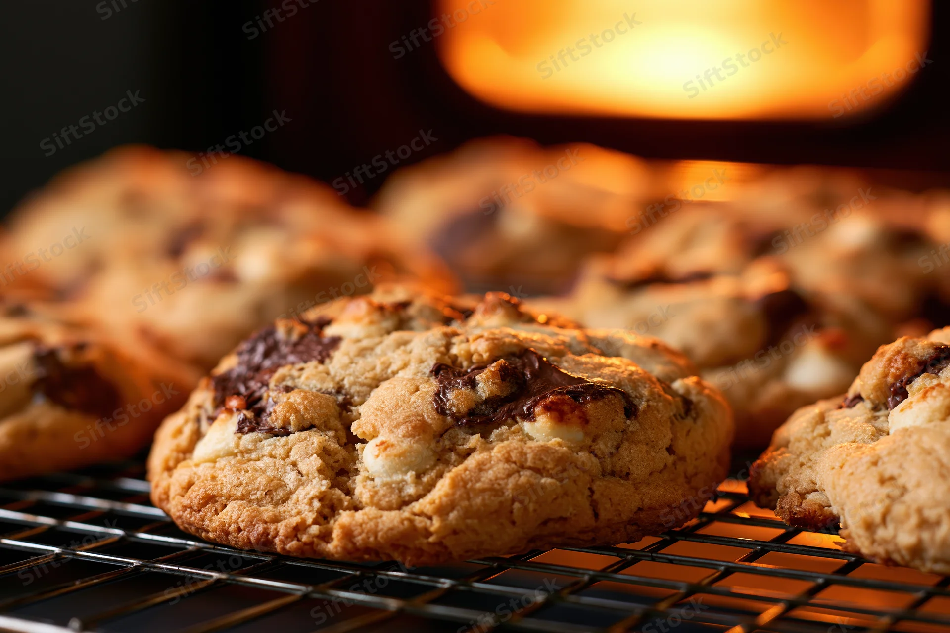 Chocolate chip cookies cooling on a wire rack with warm oven glow in background
