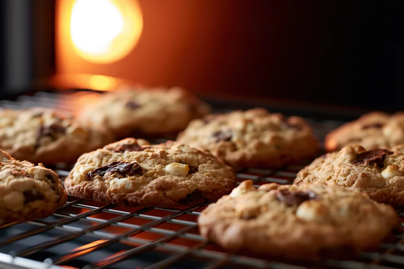 Chocolate chip cookies cooling on a wire rack in front of a glowing oven
