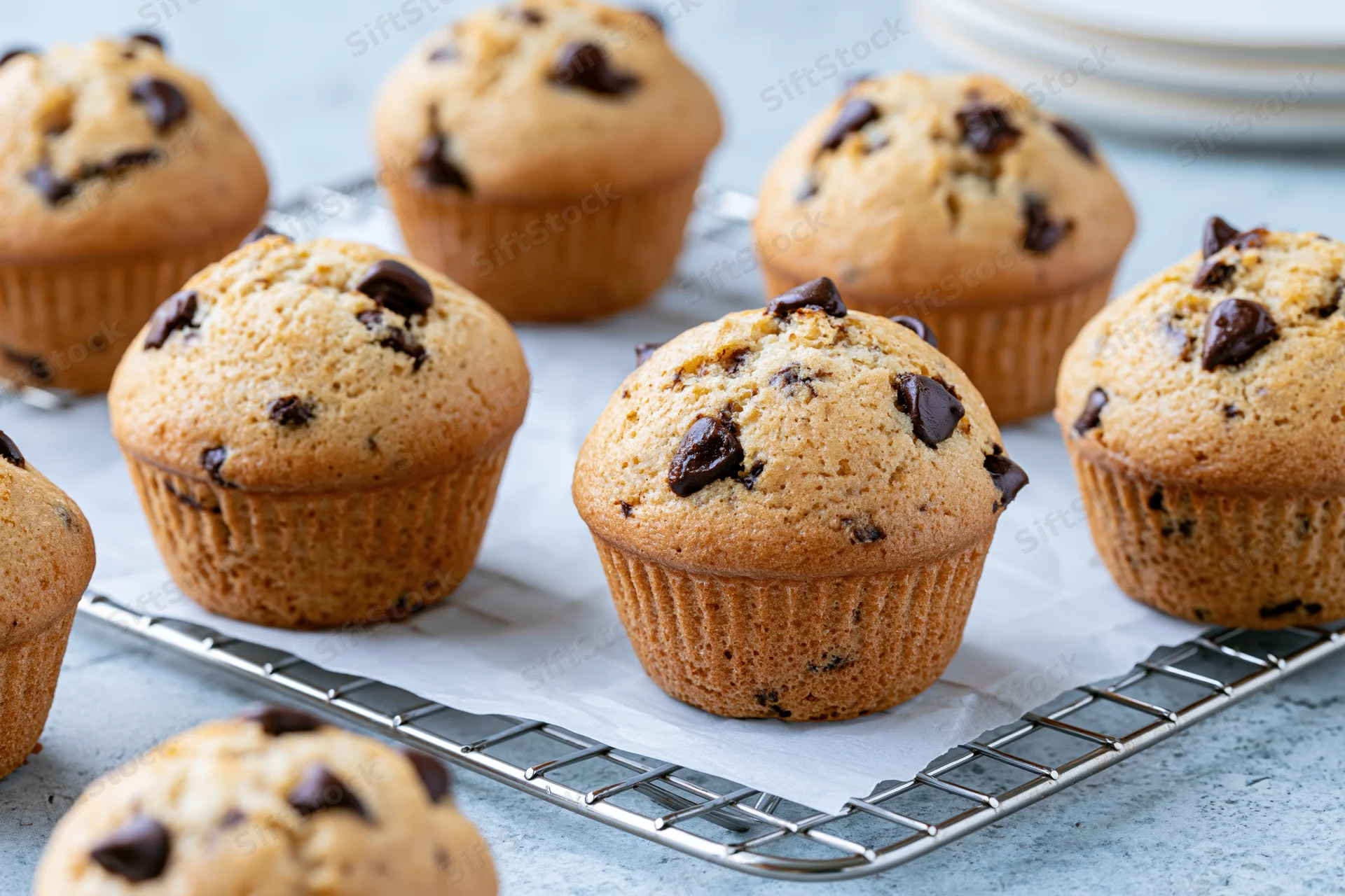 Chocolate chip muffins cooling on a wire rack lined with parchment paper