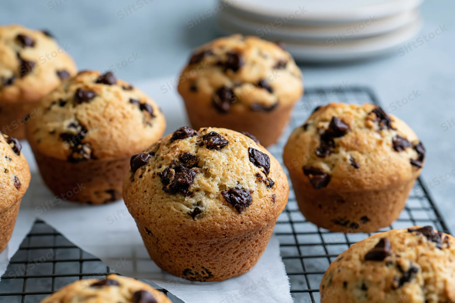 Chocolate chip muffins cooling on a wire rack with parchment paper on a light blue countertop