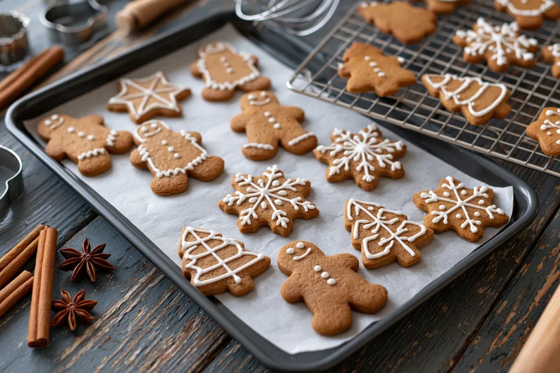 Gingerbread cookies decorated with white icing on a baking tray and cooling rack on a dark wooden kitchen countertop