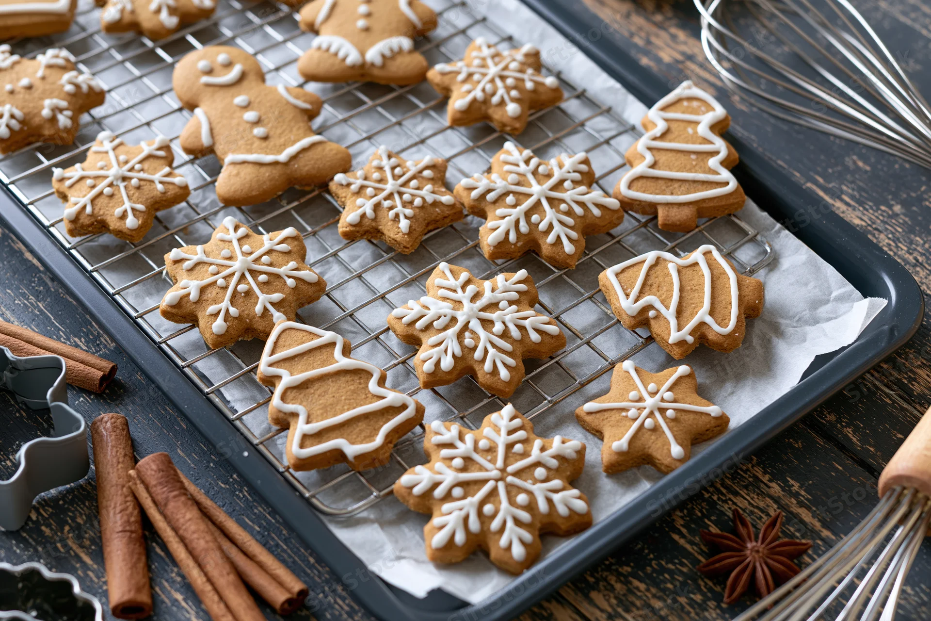 Gingerbread cookies decorated with white icing arranged on a cooling rack with cinnamon sticks and cookie cutters on a dark wooden surface