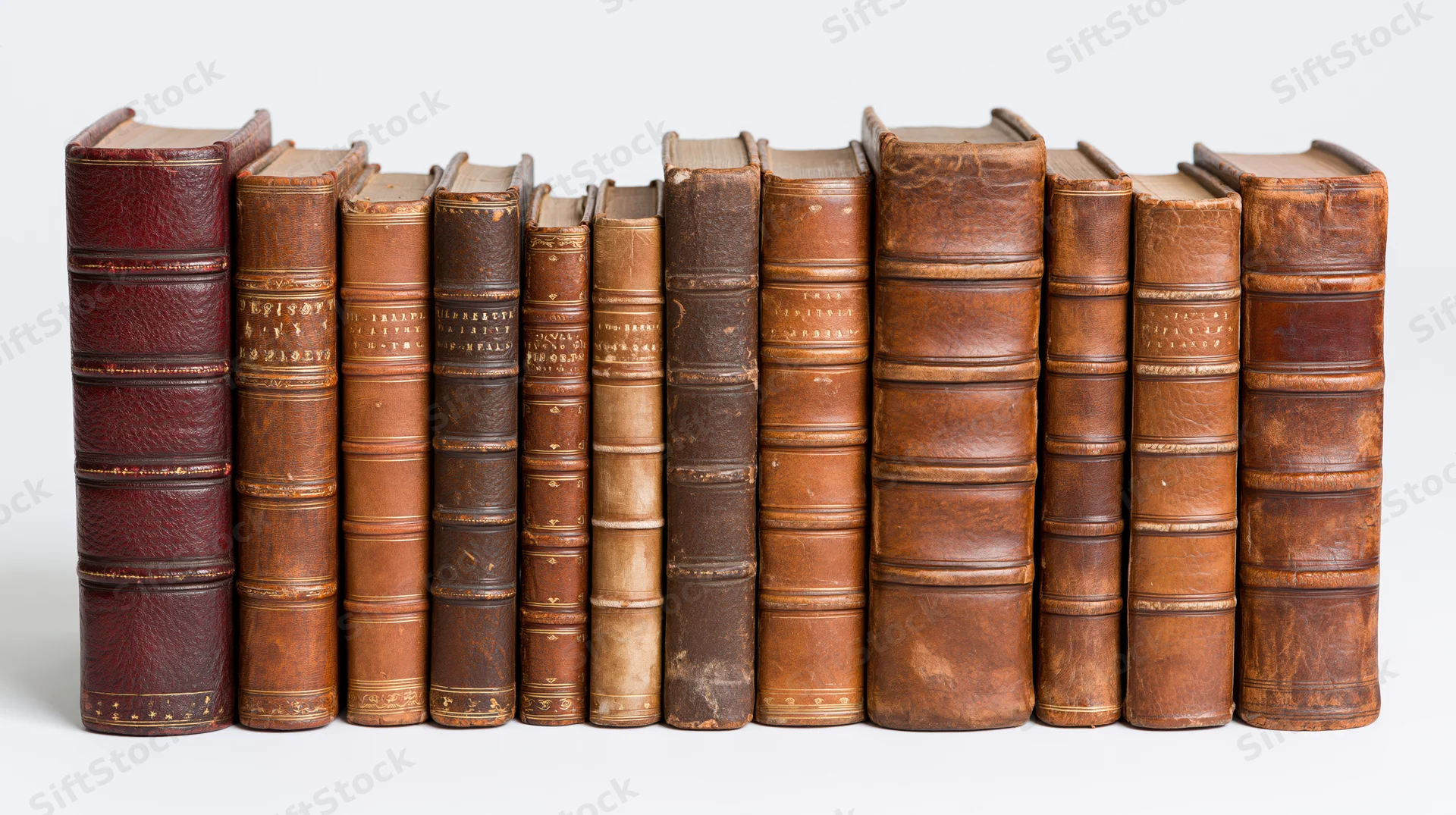 Row of vintage leather-bound books standing upright on white background