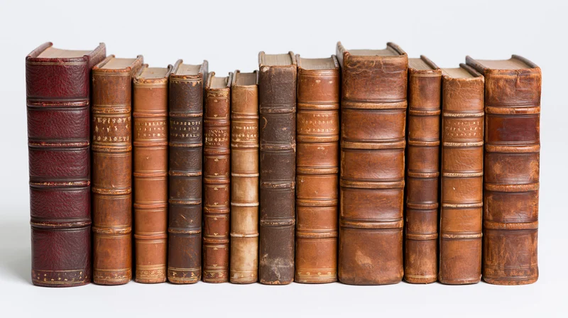 Row of vintage leather-bound books standing upright on white background