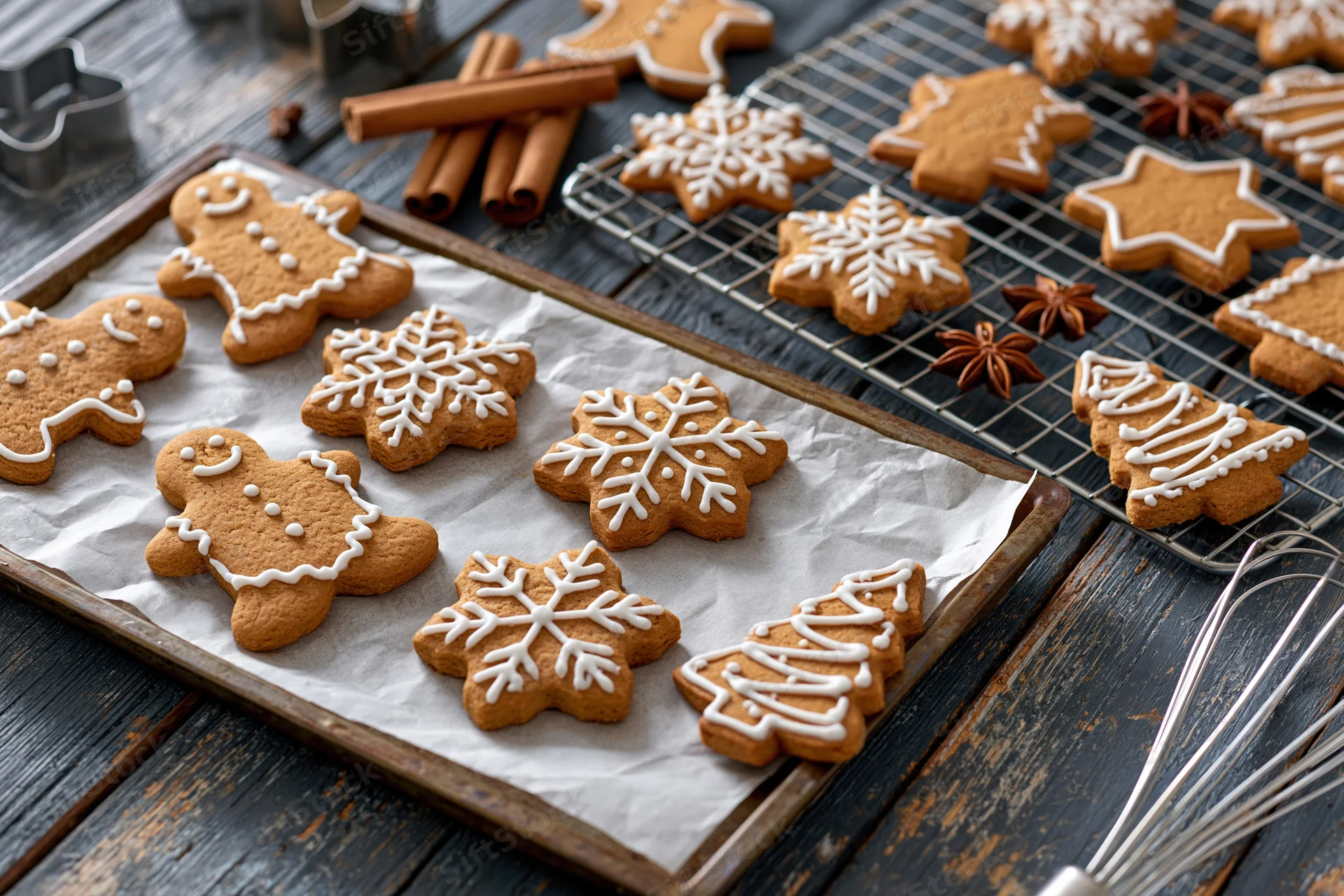 Gingerbread cookies decorated with white icing arranged on parchment-lined tray and wire rack on dark wooden surface