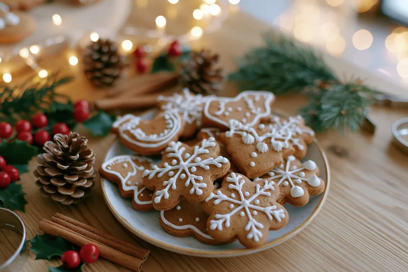 Gingerbread cookies shaped like snowflakes on a plate surrounded by pinecones, holly, cinnamon sticks and fairy lights on a wooden table