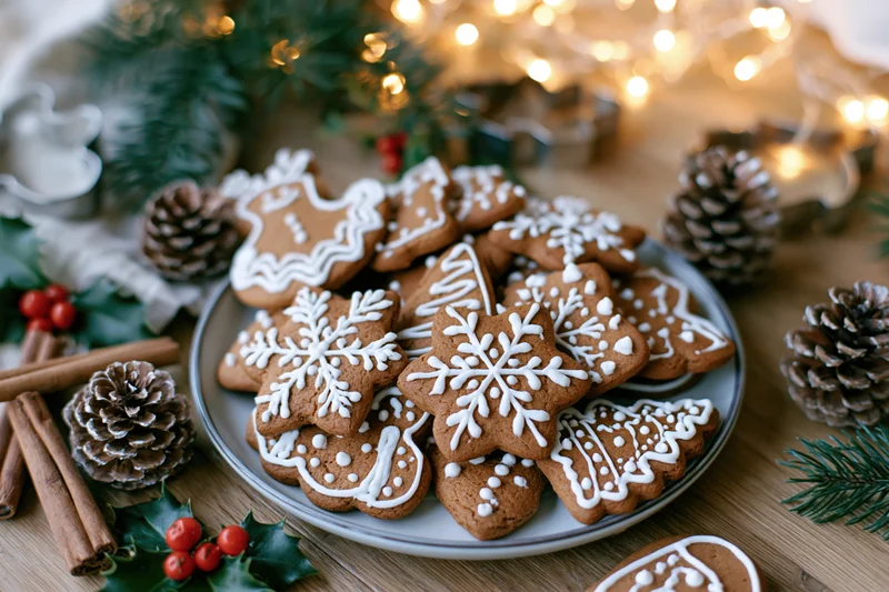 Gingerbread cookies decorated with white icing on a plate surrounded by pinecones, cinnamon sticks, holly, and string lights on a wooden table