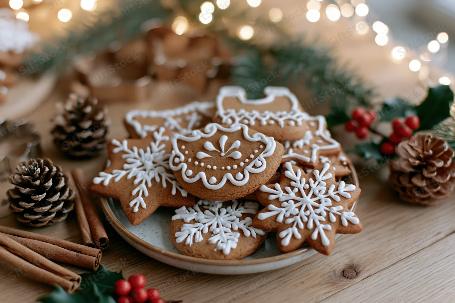 Gingerbread cookies with white icing and holiday decorations on a wooden table