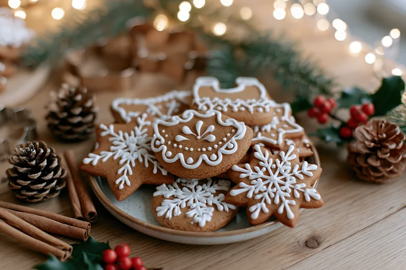 Gingerbread cookies with white icing and holiday decorations on a wooden table