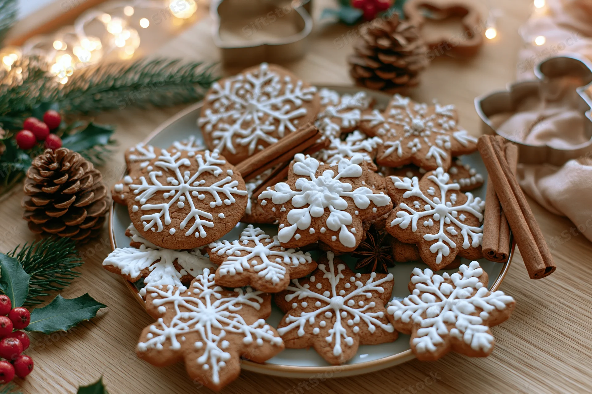 Snowflake-shaped gingerbread cookies with white icing on a plate surrounded by pinecones, holly, and twinkle lights on a wooden table