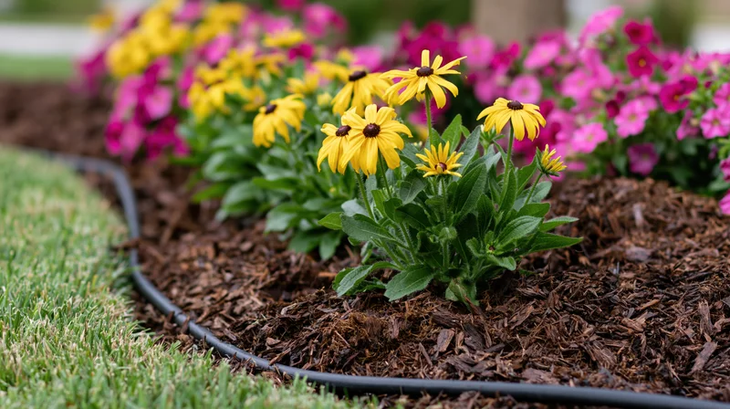 Yellow and pink flowers blooming in a mulched garden bed beside a lawn with an irrigation hose running along the edge