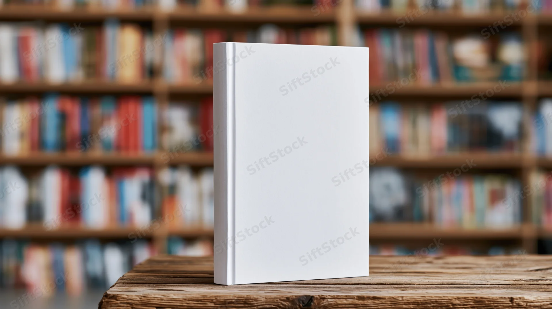 White hardcover book with blank cover on wooden table in front of blurred library shelves