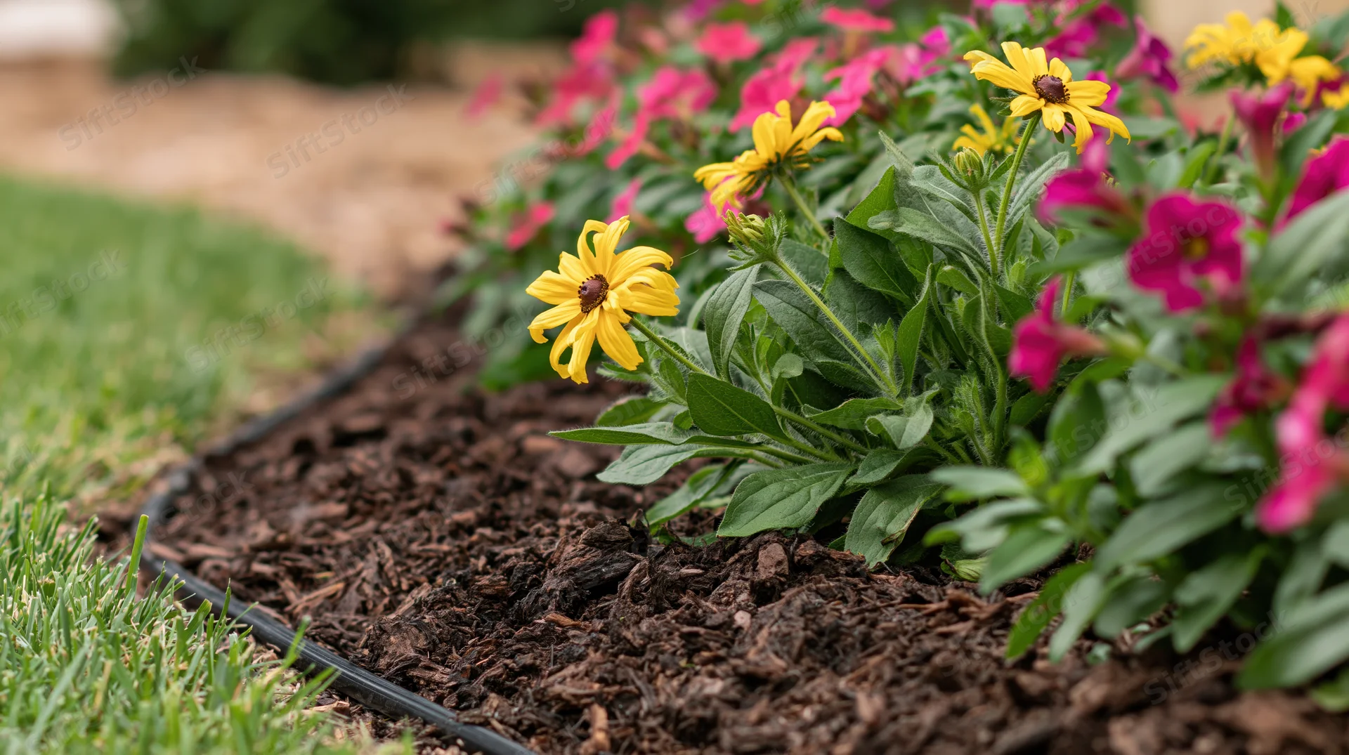 Yellow and pink flowers blooming in a mulched garden bed beside a lawn with a drip irrigation hose running along the edge