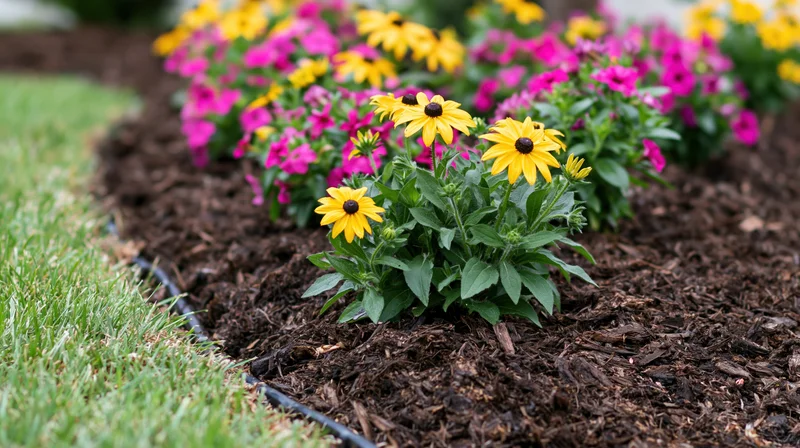 Yellow and pink black-eyed-susan flowers blooming in a mulched garden bed beside a grassy path